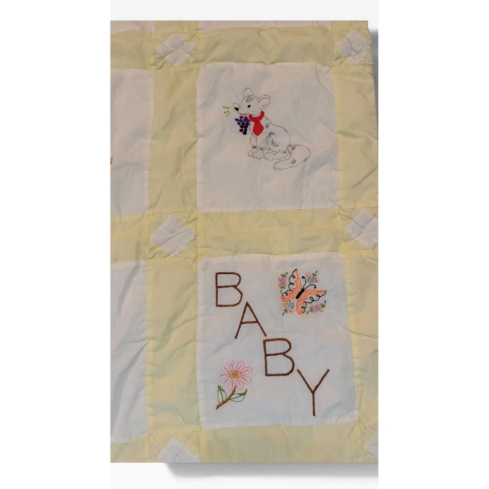Vintage Handmade Baby Quilt Hand Embroidered Animals Yellow Nursery Crib BABY